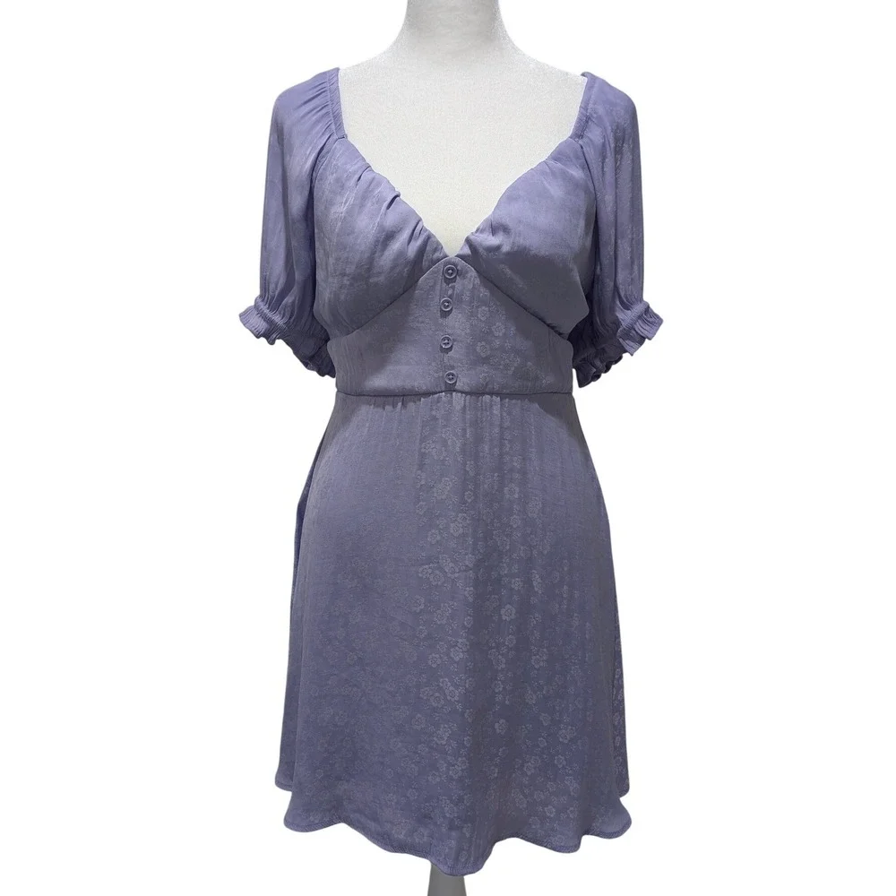 Lavender Floral Fairycore Puff Sleeve‎ Babydoll Coquette Mini Dress Satin Like M